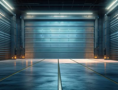 Roller door or roller shutter using for factory, warehouse or hangar. Industrial building interior consist of polished concrete floor and closed door for product display or industry background. Generative Ai