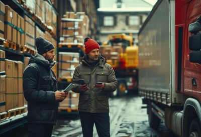 two-men-are-standing-warehouse-with-truck-pallet_116317-60719